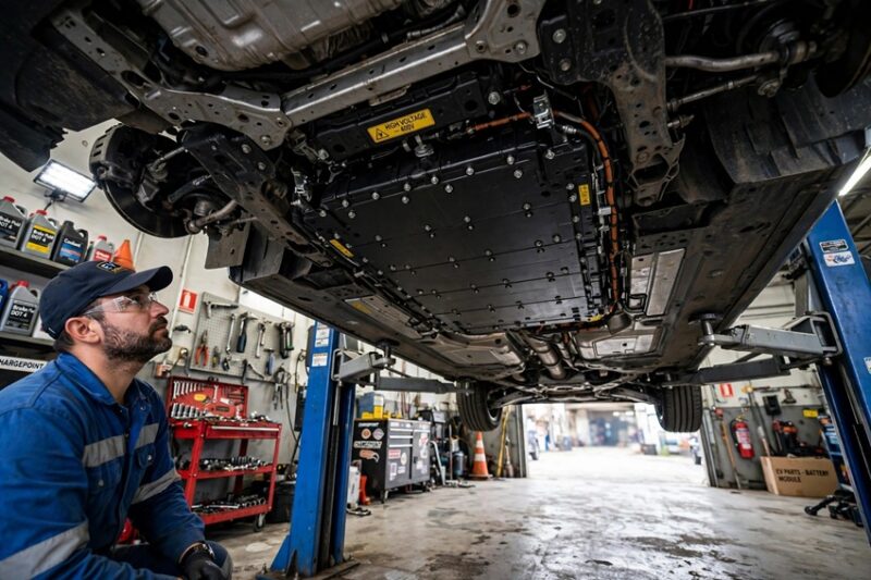 automehanicarska radionica sa elektricnim automobilom na dizalici