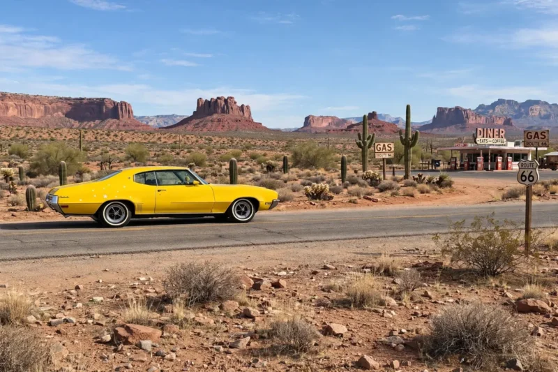 buick skylark vozi po cesti u teksasu u pustinji i dolazi do stare benzinske postaje