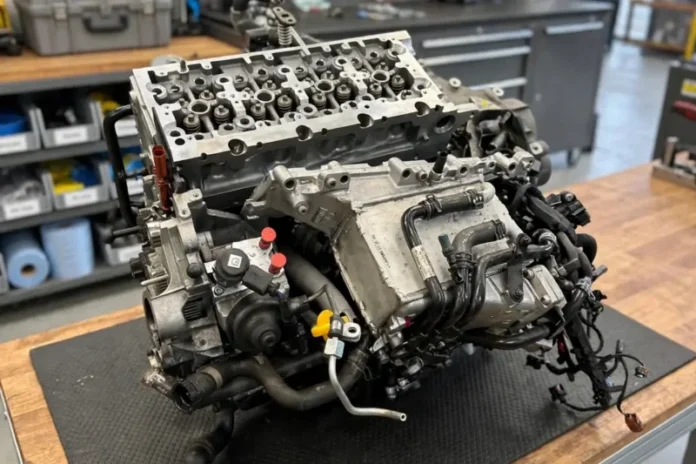 u mehanicarskoj radionici nalazi se na stolu rastavljen motor od VW-a 2,o tdi