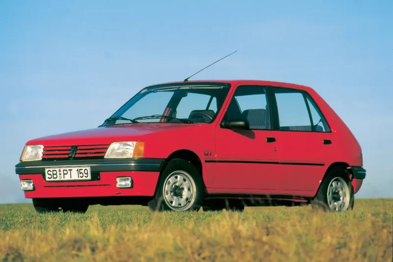 crveni peugeot 205 sa njemackim registarskim oznakama parkiran na livadi sa zelenom travom