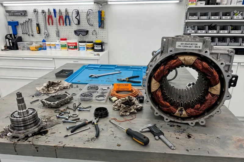 motor od elektricnog auta raskopan na stolu tesla i bmv